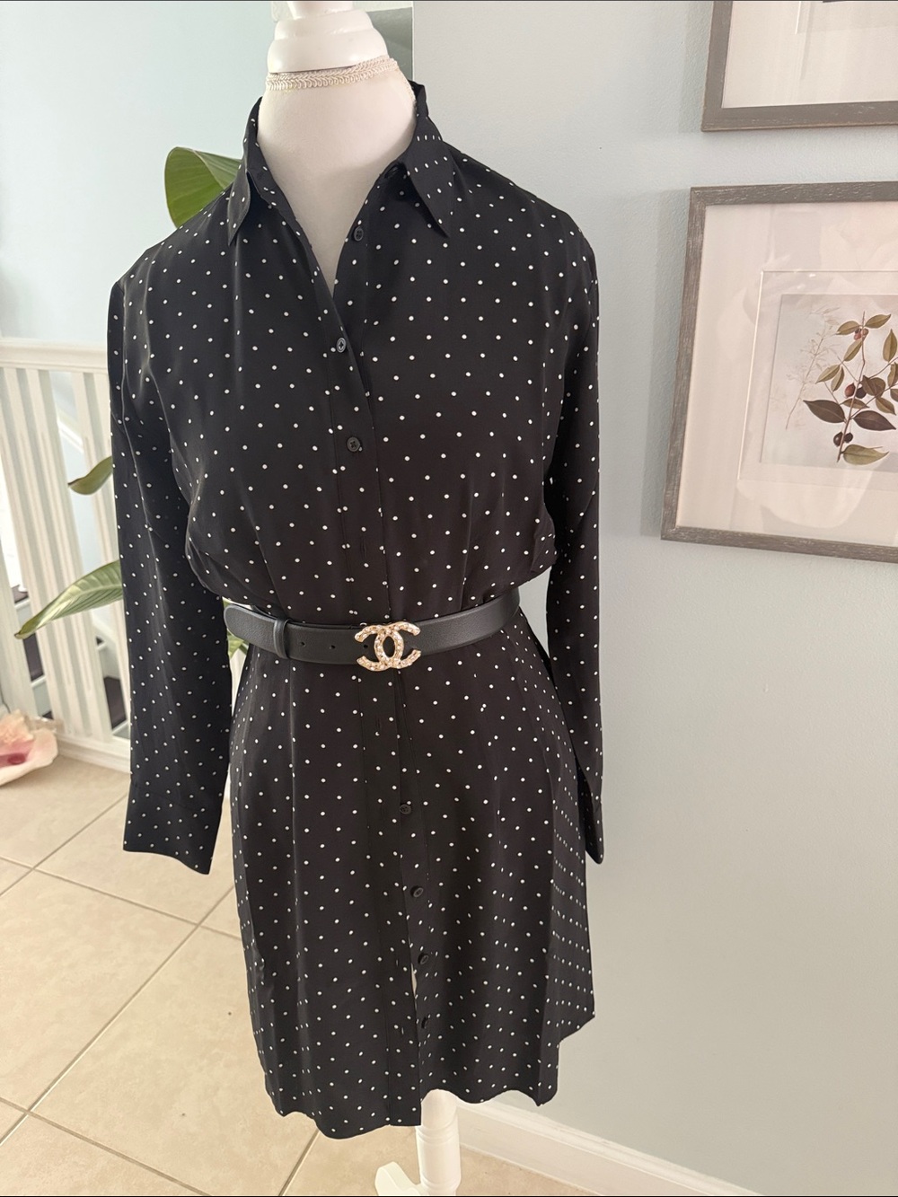 Club Monaco Black Polka Dot silk Long-Sleeve Shirt Dress